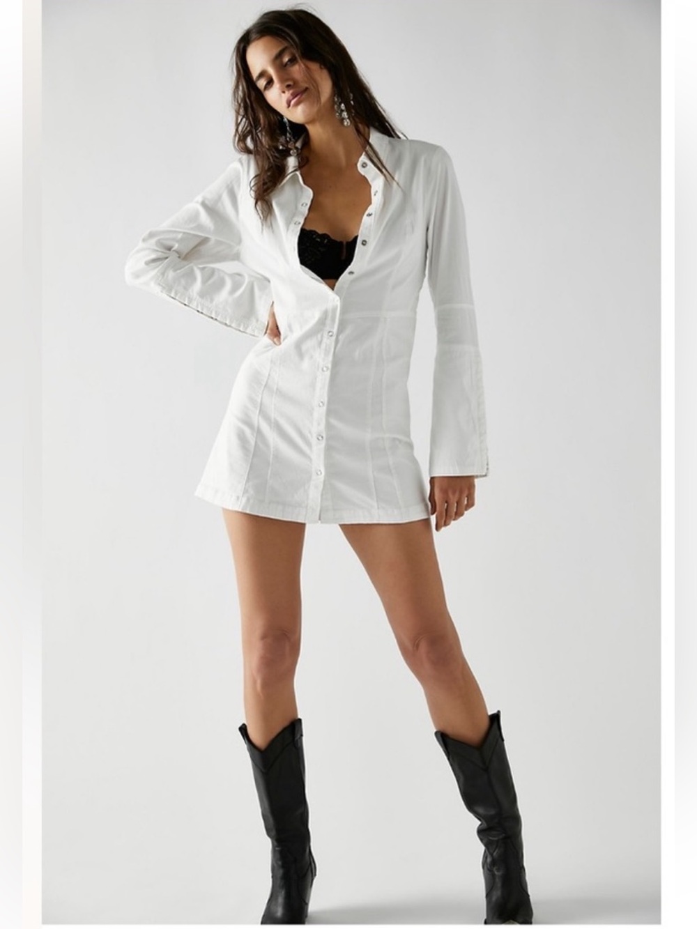 Free People || Thea‎ Mini Dress Shirtdress Collared Long Sleeve Ivory XS NWT